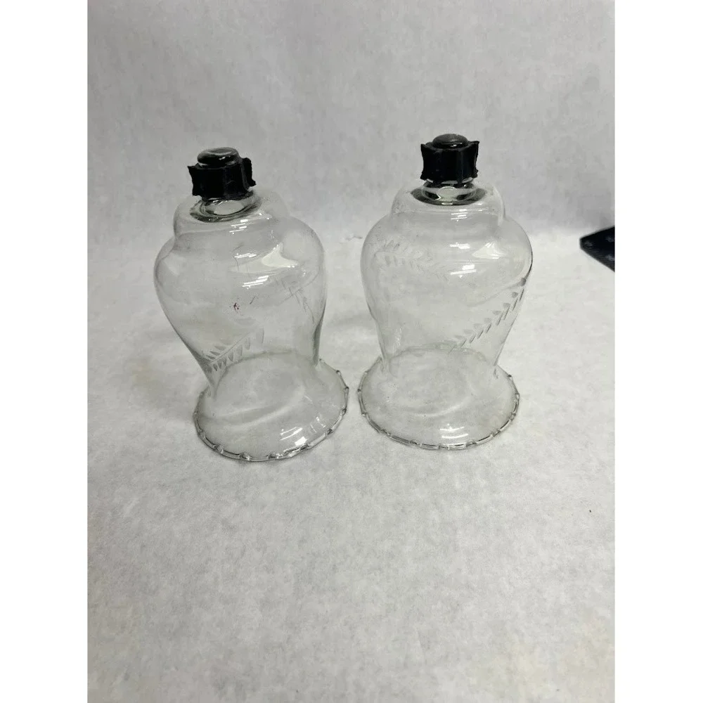 Vintage Etched Glass Hurricane Candle Shades Scalloped Base Set of 2 Clear